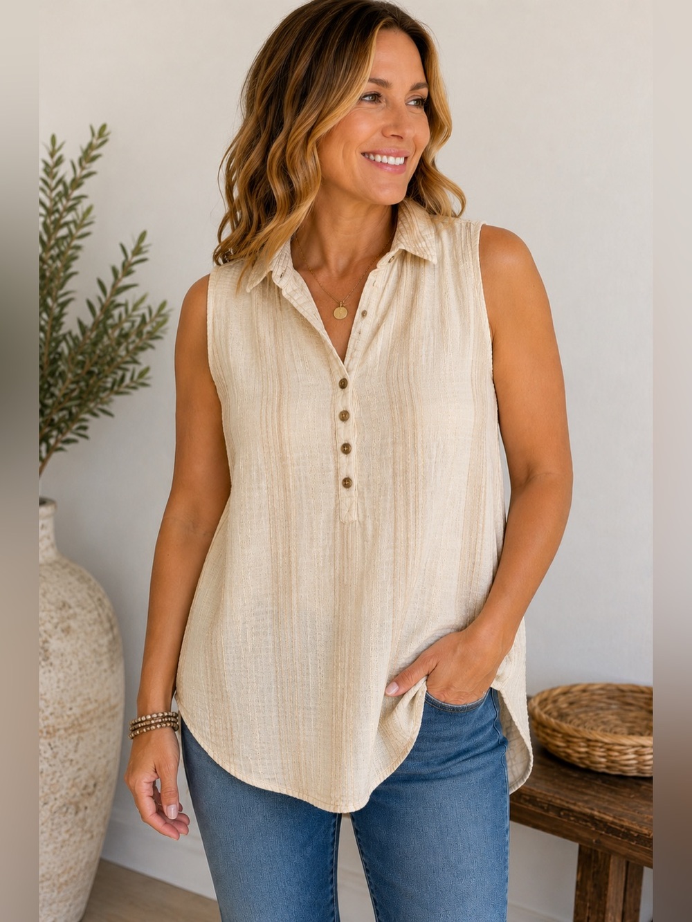 Time and Tru XL Cream Gauze Sleeveless Henley Tunic Top Boho Casual